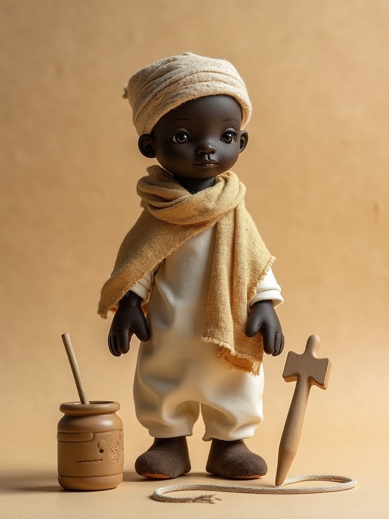 Der Wasserbaumeister von Ajuran — handmade heritage doll, AI concept image