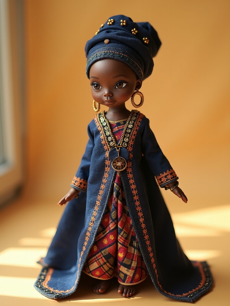 Amina von Zazzau — handmade heritage doll, AI concept image